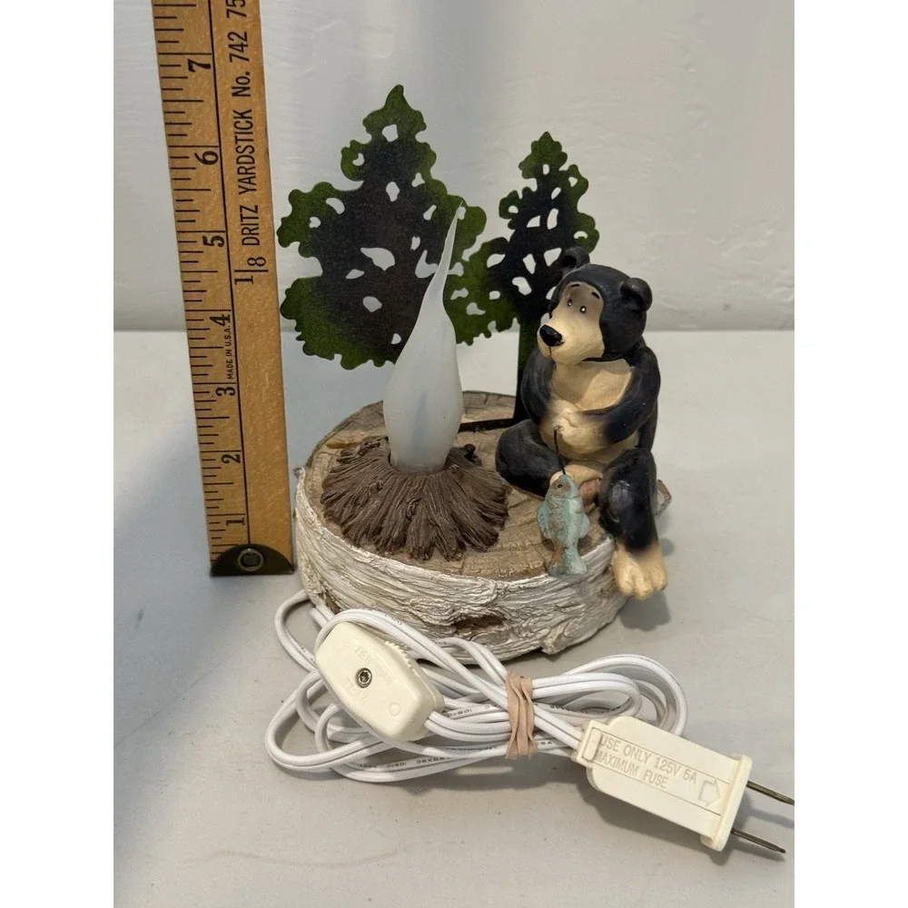 Vtg Black Bear Campfire Night Light Table Lamp Rustic Cabin Lodge Decor Flicker